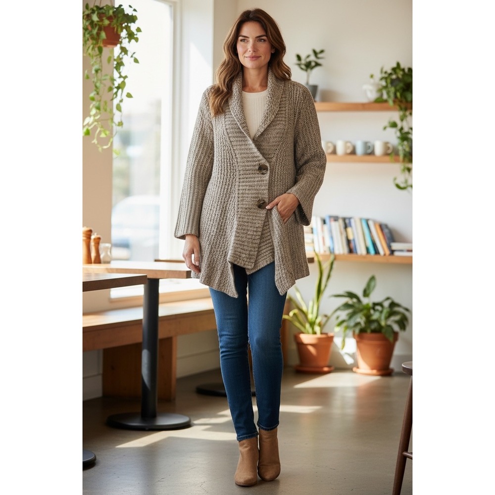 J. Jill Cardigan Sweater Medium Beige Marled Asymmetrical Shawl Collar Knit